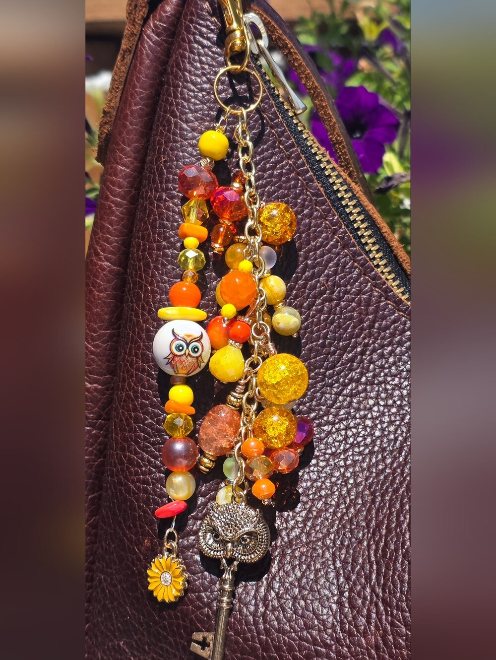 Handmade Beaded Owl Bag Charm Keychain Autumn Colors